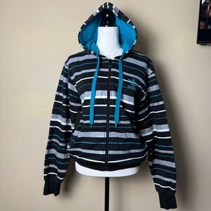 Y2K Adidas Originals Striped Zip Hoodie | Teal‎ Logo